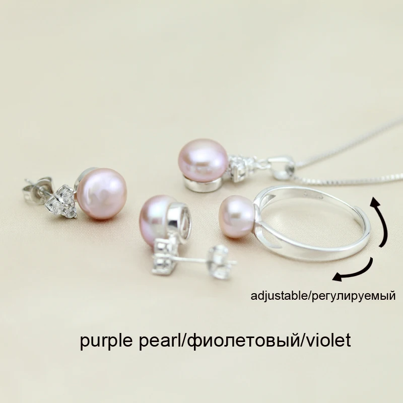 Жемчужный набор украшений для женщин, свадебное ожерелье, серьги, кольцо из серебра 925 пробы с жемчугом - Цвет камня: purple pearl set