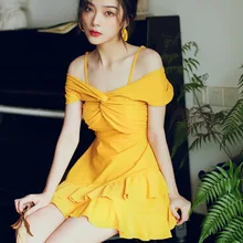 Цельный купальник пуш-ап женские купальники раздельный чистый желтый подкладка под плечи желудка юбка однотонный полиэстер Sierra