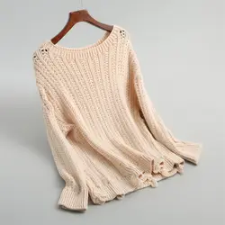 Женский однотонный полый свитер Повседневный свободный с длинными рукавами круглый вырез свитер декоративное отверстие