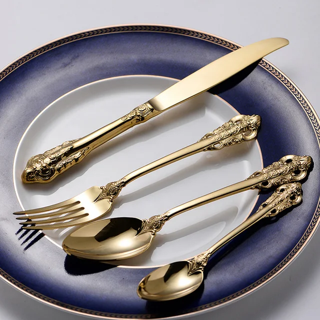 Stainless Steel Cutlery Gold Plated Dinnerware Set Western Xmas Stainless Steel Cutlery Gold Plated Dinnerware Set Western Xmas Flatware Golden Dinner Knives Fork Spoon Teaspoon Sets