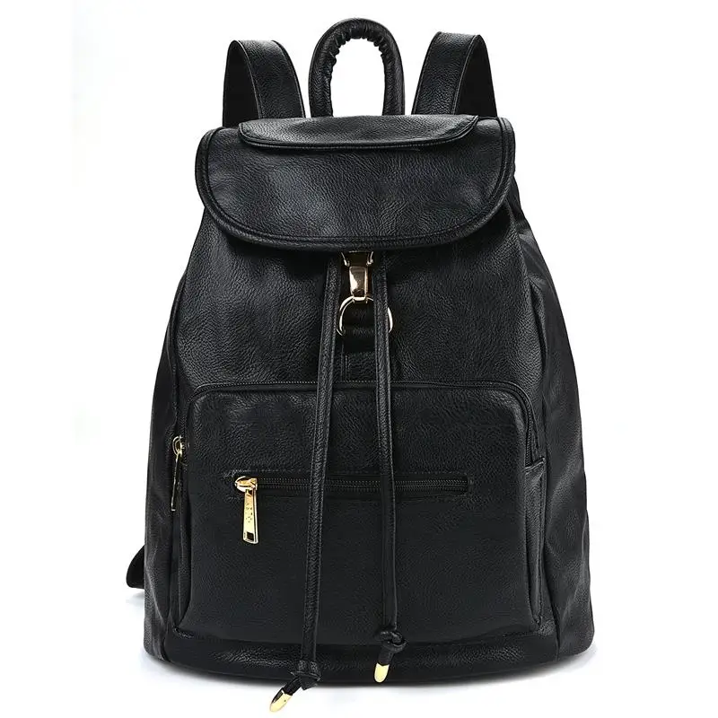 

Coofit Design Women Backpack Casual Black Solid Schoolbag For Girls Teenagers Drawstring PU Leather Bagpack Female Backpacks