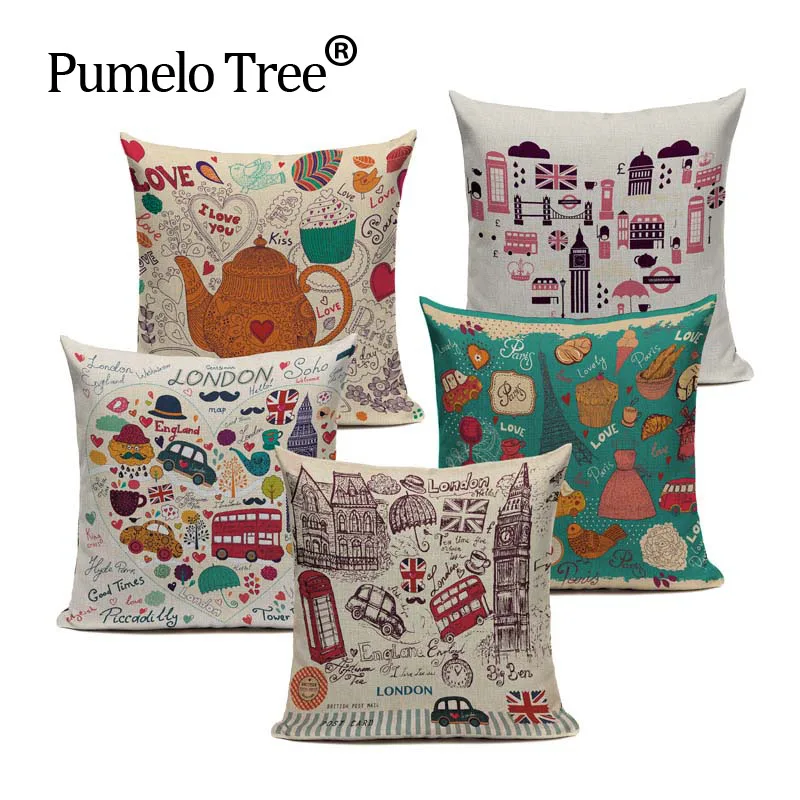 

New British Style London and Frence Home Decorative Sofa Cushion Cover Throw Pillow Case Vintage Cotton Linen Square Cute