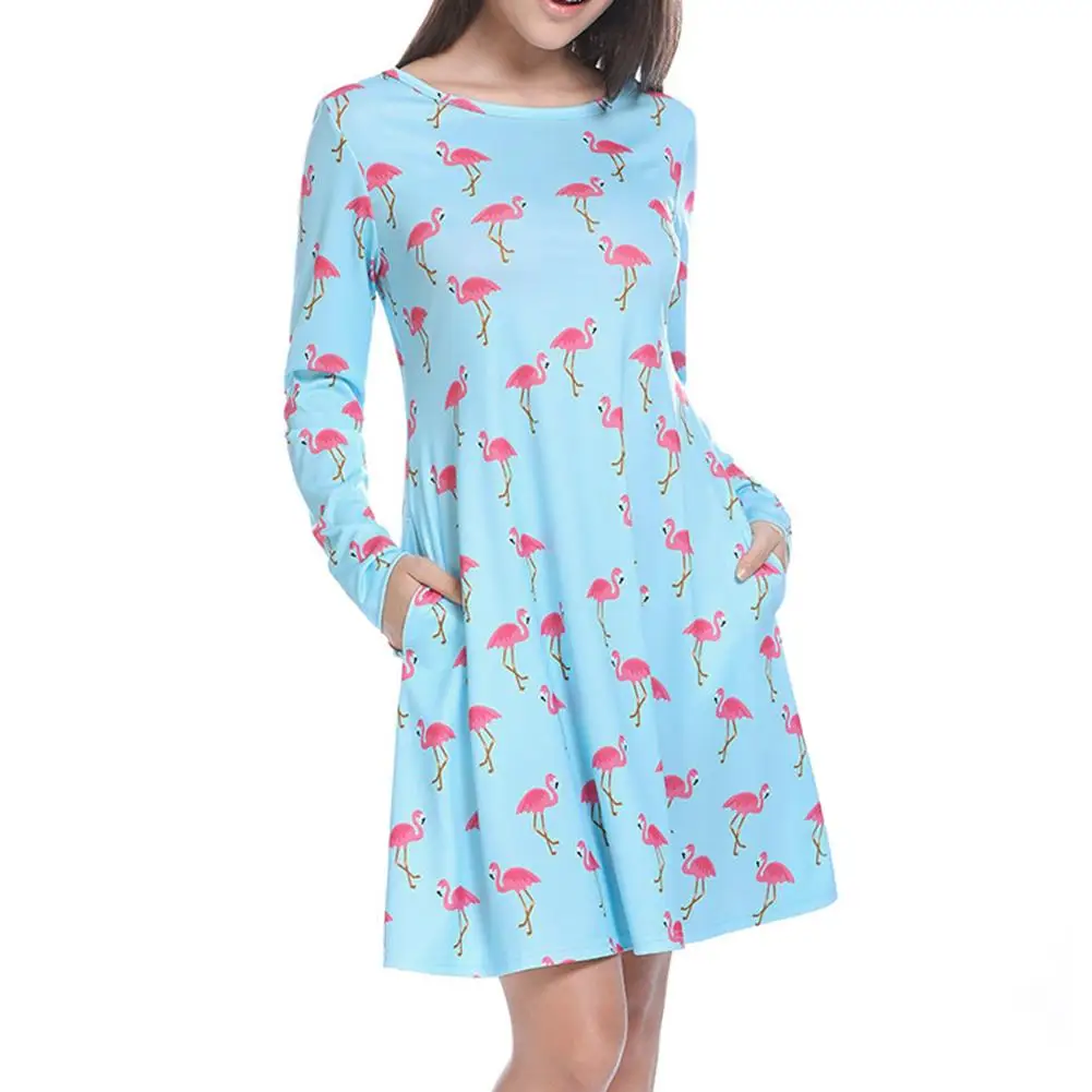 

New Autumn Women Simple Casual Flamingo Print Long Sleeve Dress Fashion Hot Sale A-Line Flare Slim fit Loose Elegant Dress
