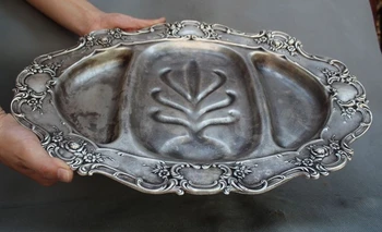 

18" Old Chinese dynasty Silver Auspicious lucky Flower Statue Pallets plate tray