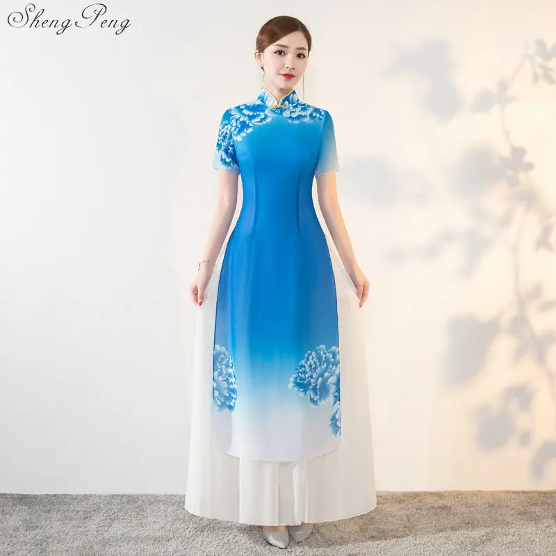 Вьетнам Aodai тонкие длинные Qipao Китайский Стиль Для женщин простое платье новые женские воротник-стойка Новинка Cheongsam V929