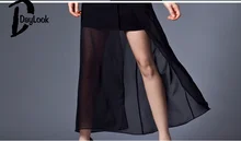 Daylook Women Stripe Sheer Panel Cold Shoulder Slit Bottom Dress Lady Short Sleeve Layered Chiffon Maxi Dresses Summer Style