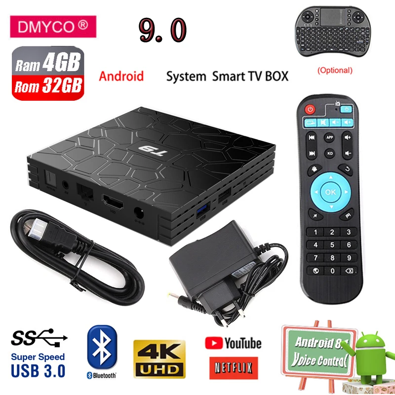 T9 ТВ коробка android 9 0 RK3328 4 ядра Гб ОЗУ 32 ПЗУ H.265 Bluetooth USB3.0 Smart 2 ГГц WI FI Netflix Youtube hd медиа