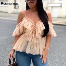 Off Shoulder Womens Tops And Blouses Summer 2019 Deep V Neck Backless Sexy Strap Peplum Top Ruffles Mesh Blouse Shirt Blusas dot mesh v neck lace insert peplum top