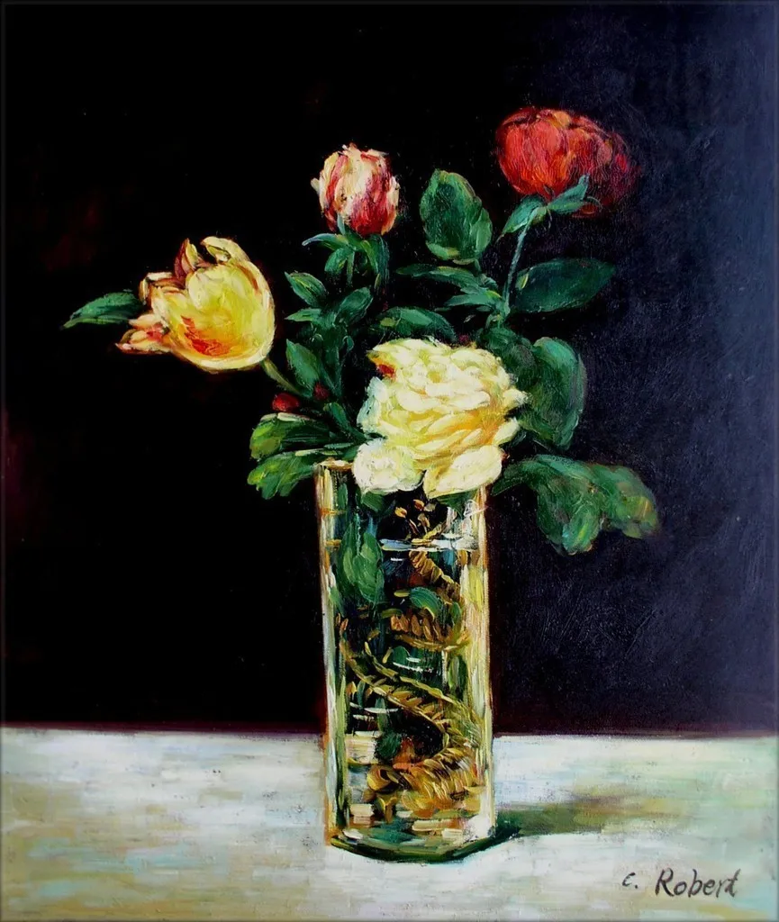 Edouard Roses & Tulips in Vase Repro, Hand Painted Oil Painting 20x24inrose clasptulip