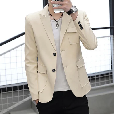 Корейский модный мужской бейзер пиджак желтый однотонный винтажный приталенный костюм пальто модный уличная верхняя одежда мужской блейзер - Цвет: Бежевый