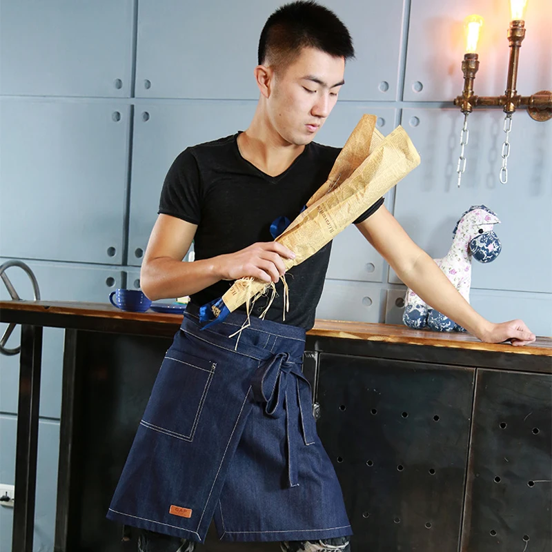 Aprons With Pockets Denim Half Body Cotton Cafe Cowboy Uniform Unisex Aprons for Woman Men Kitchen Chef Waiter Cooking WQ013