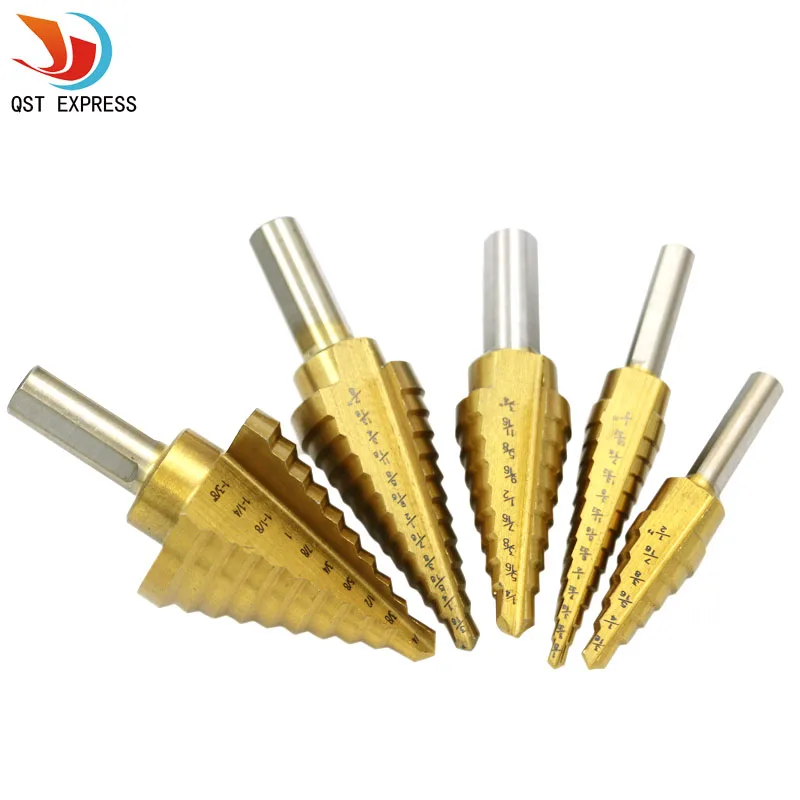 5pcs / Set Titanium Straight Groove HSS Metal Step Drill Bit Hole Cutter Wood Cone Core Drilling Saw Power Drills Tool