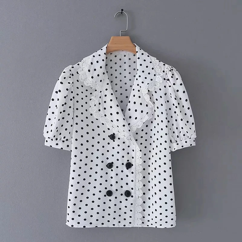 

Polka Dot Print Lace Splicing Tailored Collar Women Shirt Female Leisure Puff Sleeve Blouse 2019 Summer Lady Loose Tops S5998