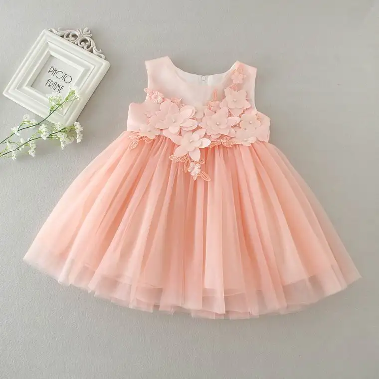 Wholesale Baby Girl First Birthday Dress Flowers Pink Tulle Princess