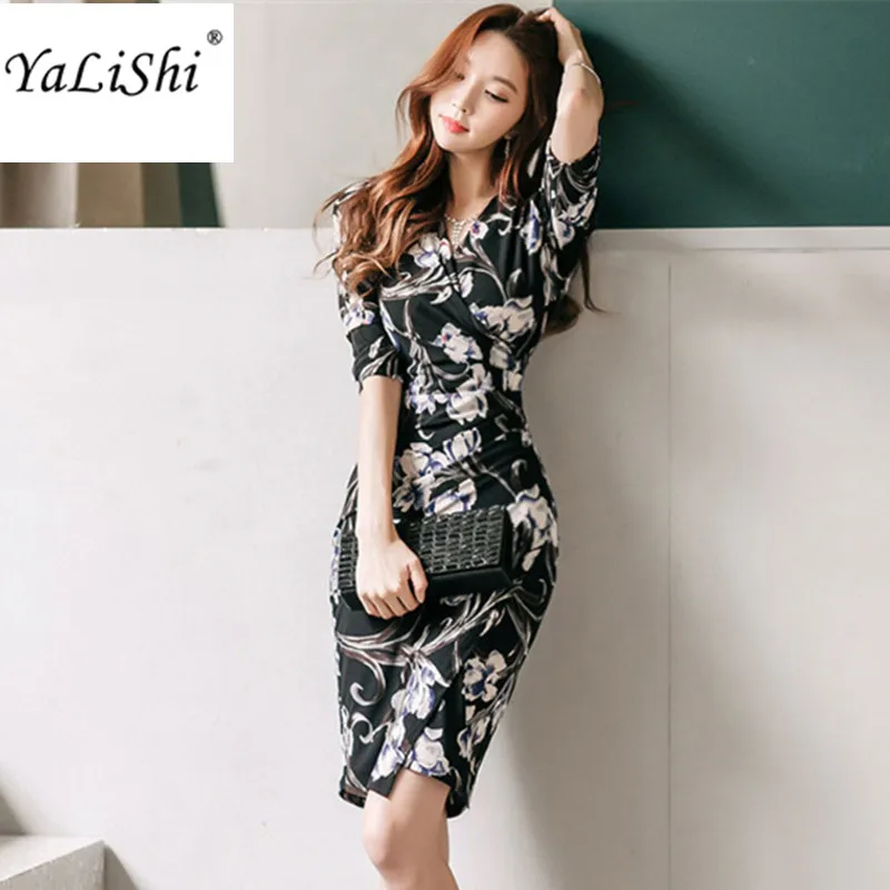 

2022 New Spring Sexy Party Office Women Dresses V-Neck 3/4 Sleeve Print Bandage Bodycon Dress Sexy Party Pencil Dress Vestidos