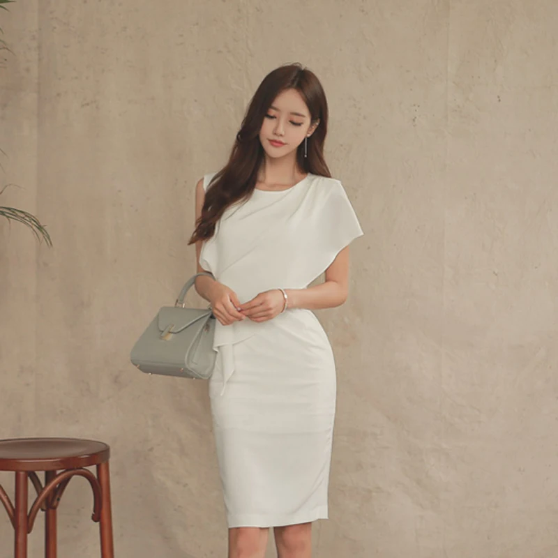 

Elegant Sleeveless Bodycon White Dress Ruffles Slim Party Dresses Office Ladies Mid-length Women Dress vestidos femme 2018