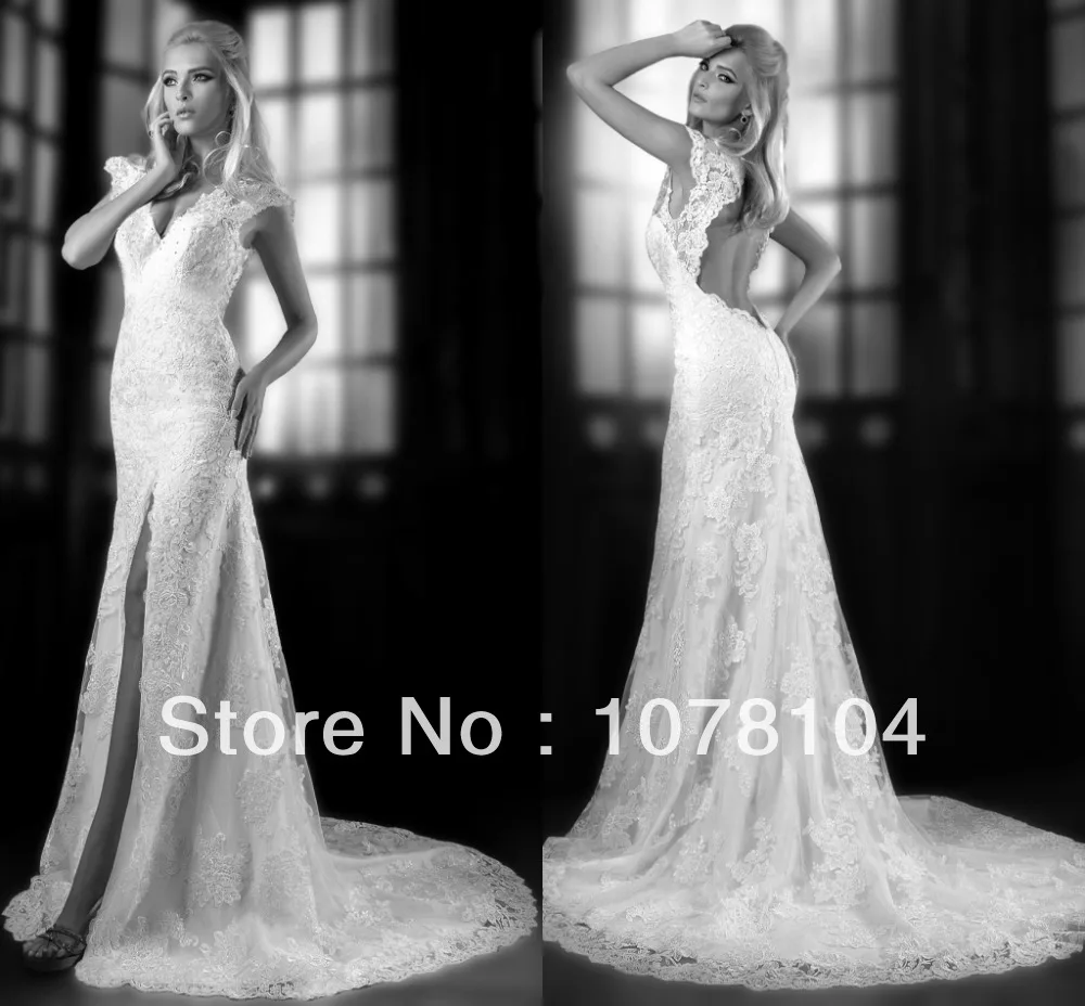 Gorgeous Side Sleeve Deep V Neck Open Back Cap Sleeve Mermaid Lace