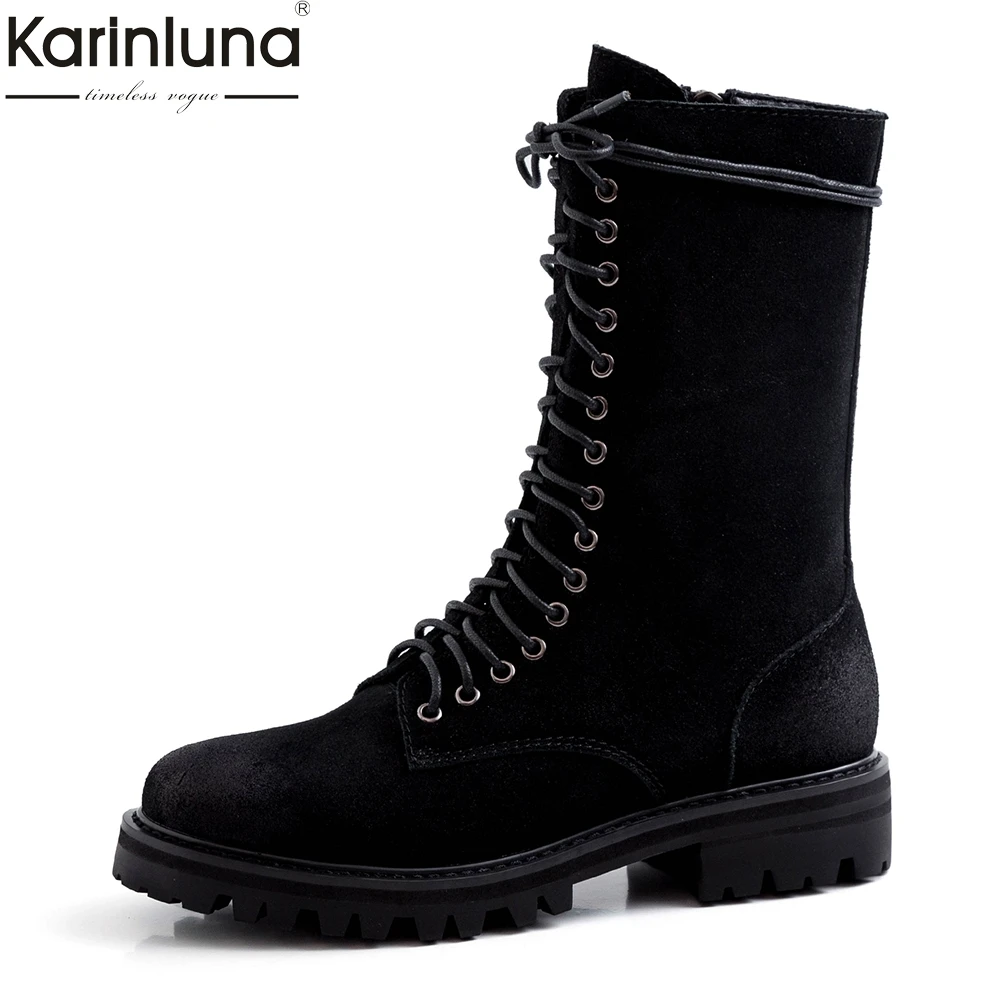 

Fashion genuine Cow Leather chunky Heels Shoes Woman Boots Female Lace Up Black Zipper Mid Calf Boots Woman Shoes