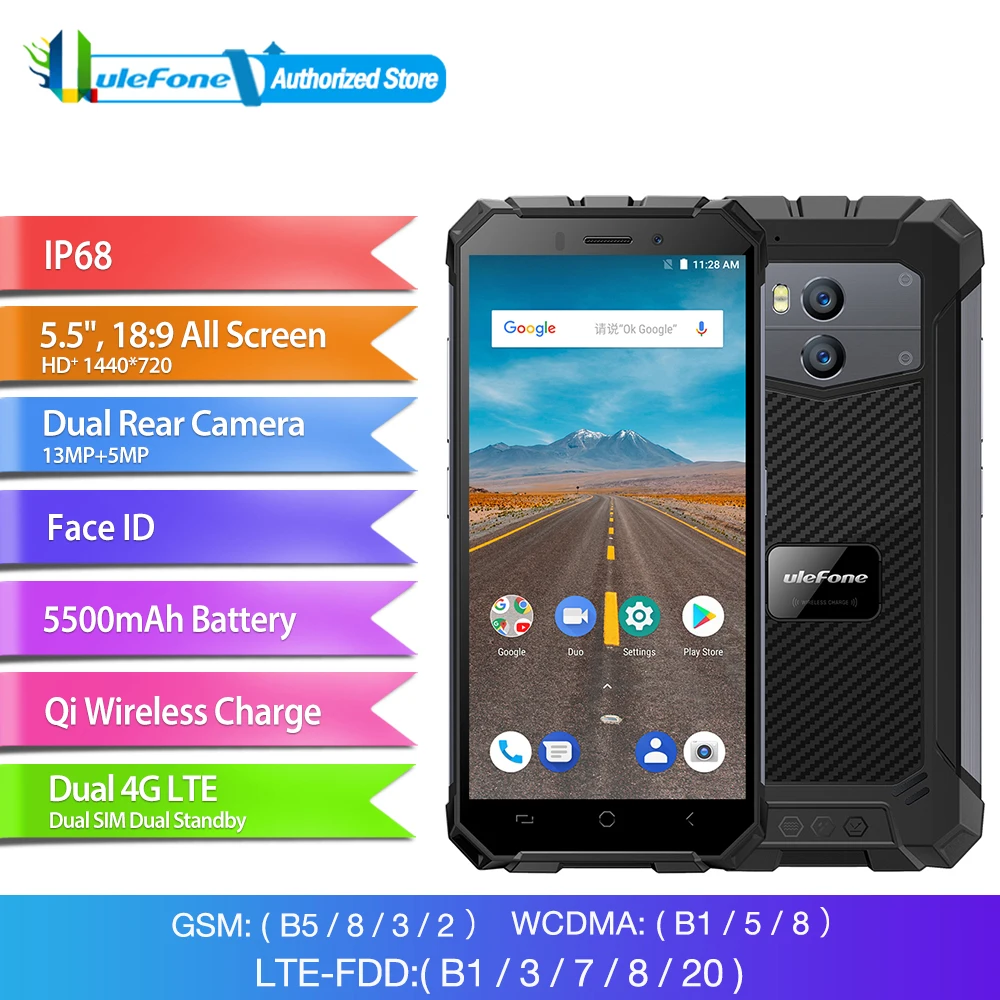 

Ulefone Armor X IP68 Waterproof Mobile Phone Android 8.1 5.5" HD Quad Core 2GB+16GB NFC Face ID Wireless Charge Smartphone