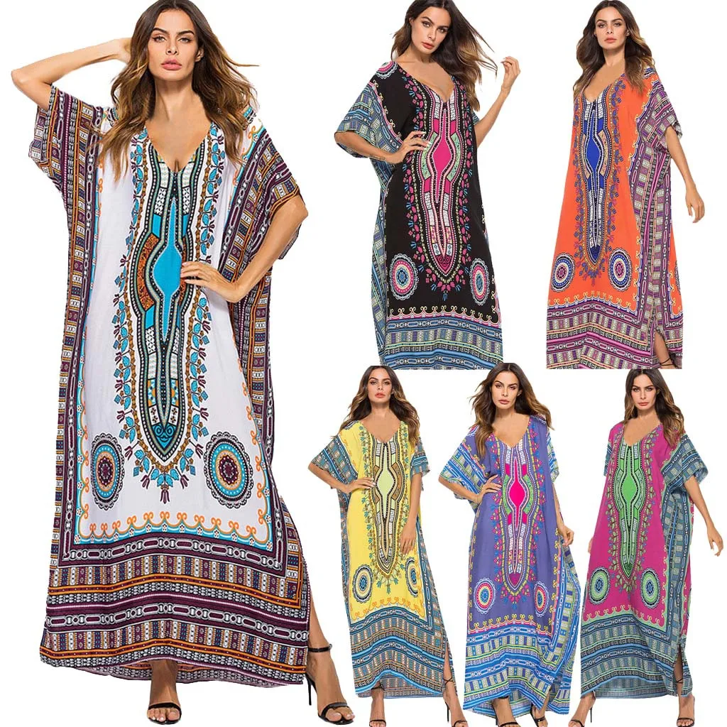 

CHAMSGEND2019 New Hot Women's large size South American style printing casual fashion dress robe beach dress elegant loose dress