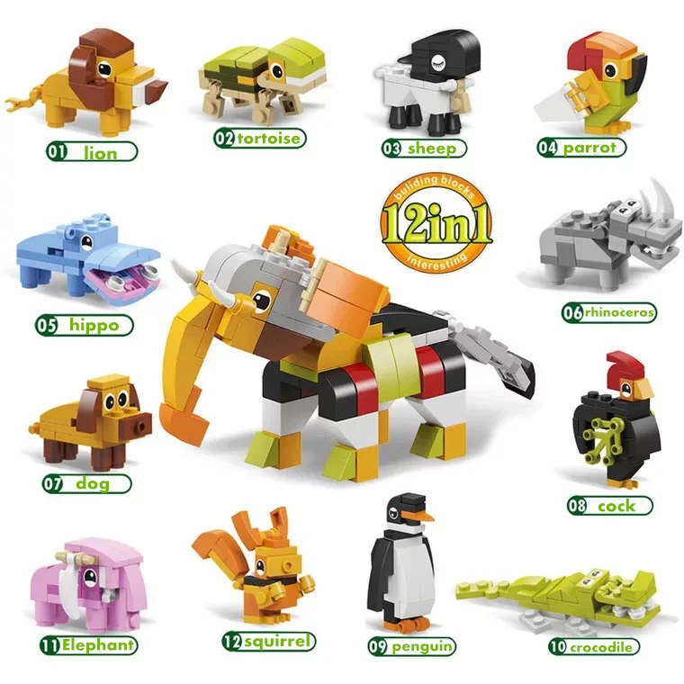 

Animal world 12-in-1 Building Block Brick Set Elephant Lion Compatible LegoINGlys Constructor Educational Toy for Children