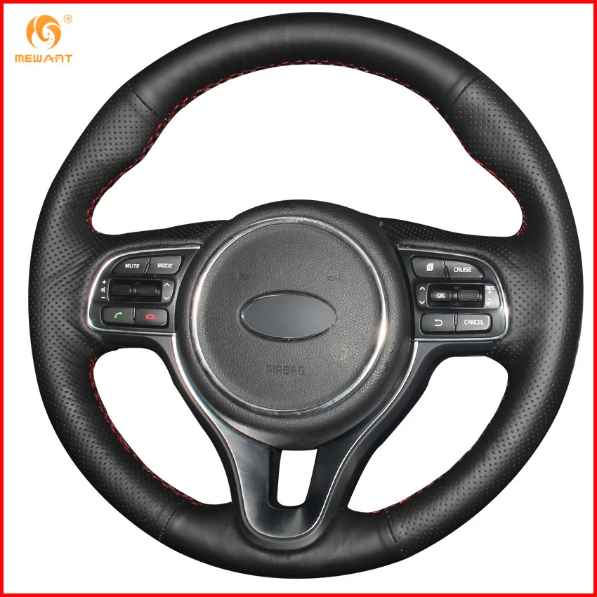 MEWANT Black Genuine Leather Car Steering Wheel Cover for Kia K5 2016
