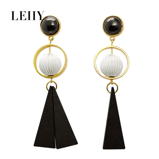 Leiiy Elegant Asymmetry Triangle Black Natural Wood Dangle Earrings Leiiy Elegant Asymmetry Triangle Black Natural Wood Dangle Earrings Metal Ball Acrylic Long Drop For