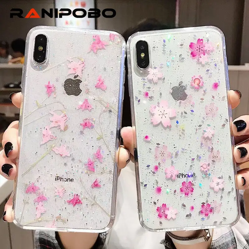 

Shining Glitter Dried Flower Anti-knock Phone Case For iPhone X XS XR XS Max 6 6S 7 8 Plus Real Flowers Transparent Back Cover