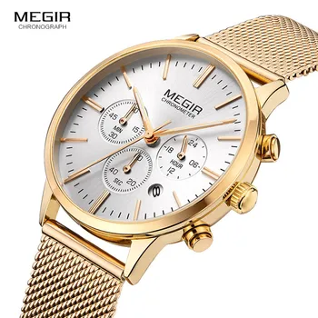 

Megir Women's Chronograph Luminous Hands Date Leather & Stainless Steel Mesh Quartz Wrist Watches Lady Rose Gold Clock Female