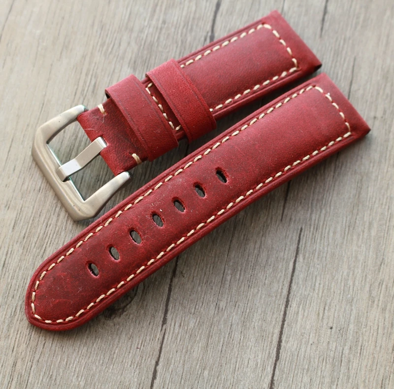 Handmade Matte Red Leather Strap, 24MM Leather Watch Band For PAM111