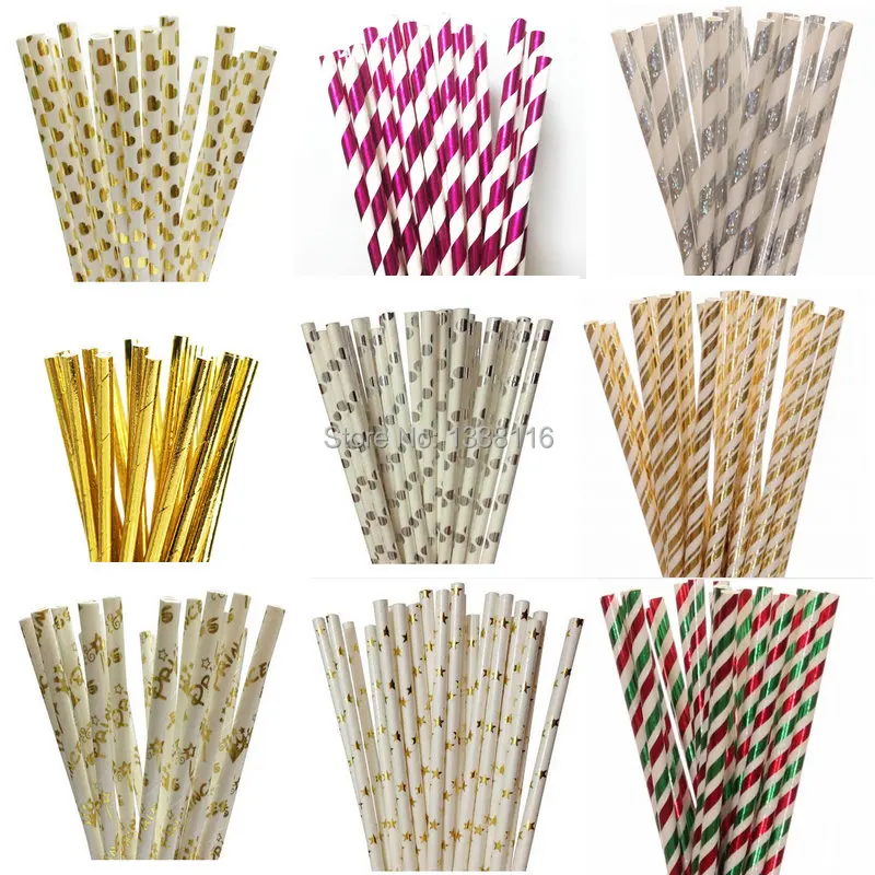 

25pcs Foil Silver Glitter Stripe Paper Straws for Baby Shower Wedding Party Kids Birthday Party Decoration Supplies