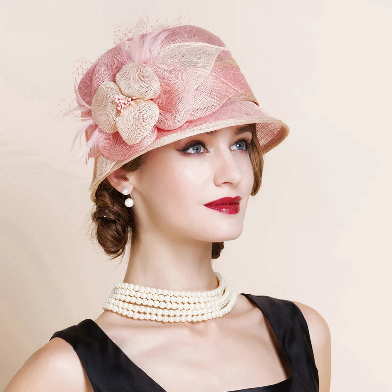 Hats-Women-Pink-Fedoras-Flowers-Wide-Brim-Derby-Hat-Fascinator-For ...