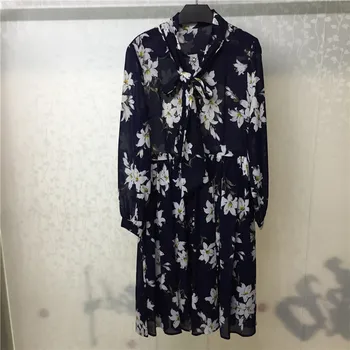 

2019 Spring Summer Dress Long Sleeve Floral Printed Dress Bow Tie Neck Casual Women Dress