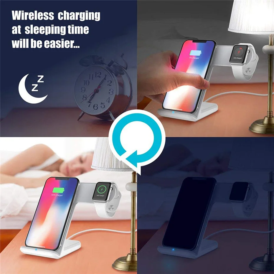 QI 2 in 1 Wireless Charger Stand For Iphone 8 Iphone X Apple Watch 2.0 3.0 QC 2.0 QC 3.0 10W Wireless Charger For Samsung S8 S9  (9)