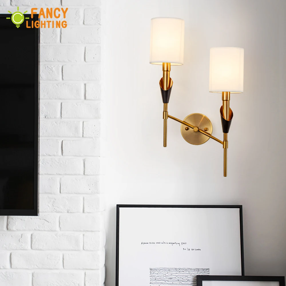 Us 35 28 55 Off E14 Led Bulb For Free Nordic Led Wall Lamp 1 2 Head Wall Light Bathroom Bedroom Lights Fabric Shade Wall Sconce Golden Wandlamp In