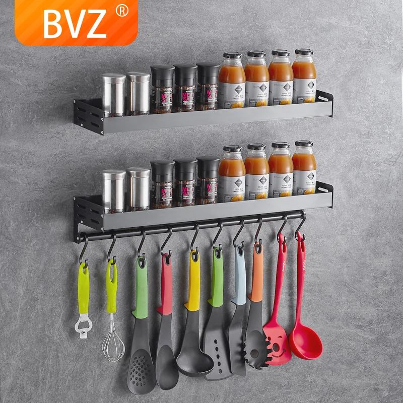 

BVZ Kitchen Accessories Practical Kitchen Storage Rack Organizer Shelf Holder Punch free bathroom shelf with hooks 30/40/50cm