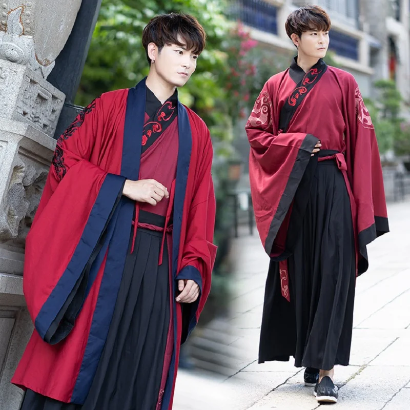 Hanfu древний китайский костюм красные Топы пальто черные юбки Мужская традиционная китайская одежда Hanfu мужские костюмы для выступлений DN2566