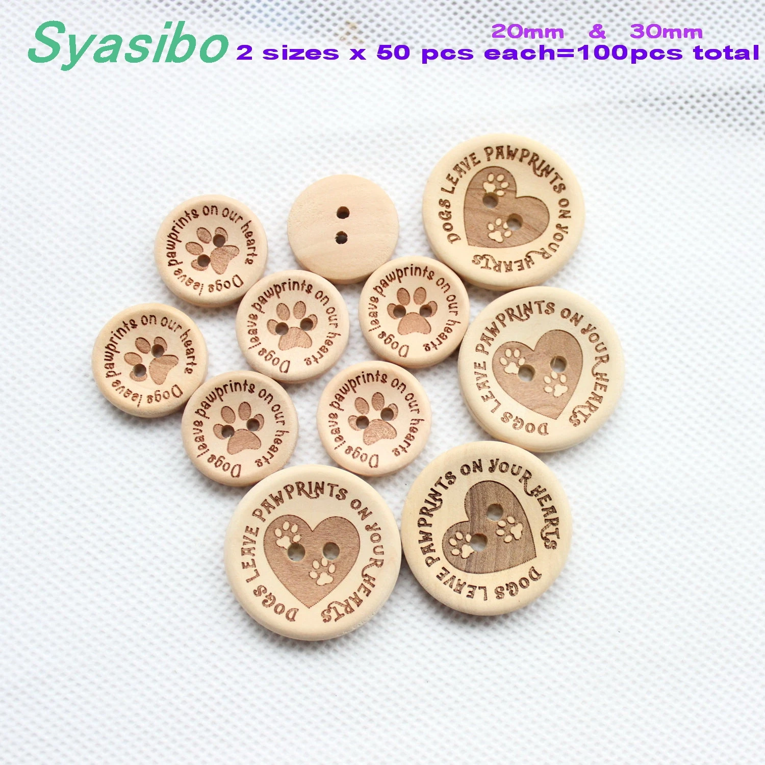 

(20pcs each) 20mm & 30mm Natural Wooden Button" Dogs Leaves On Our / Your Hearts" Sewing Buttons -AD0156