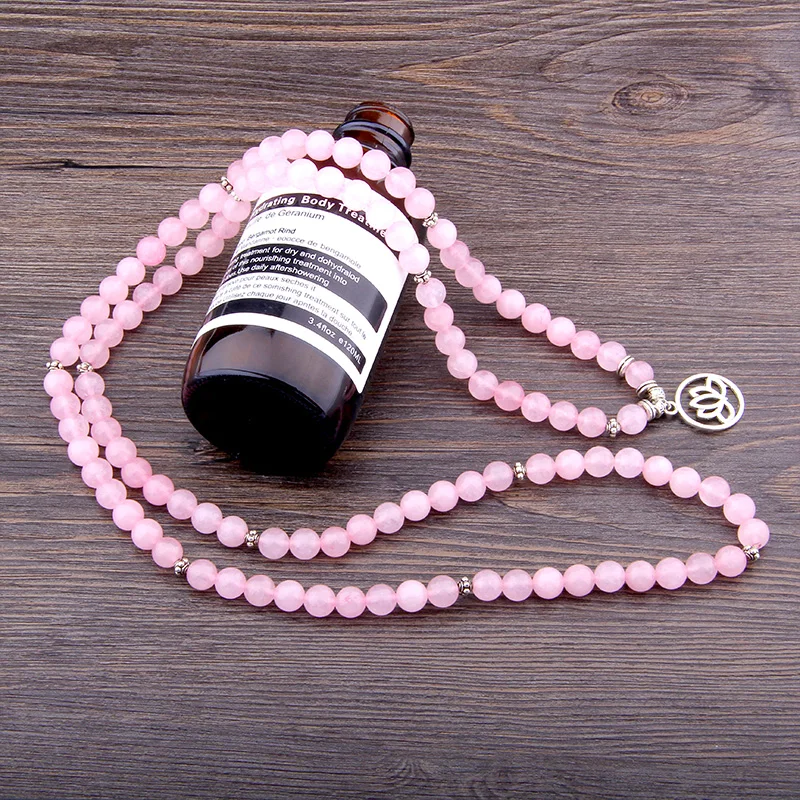 Горячая распродажа 108 розовый браслет с натуральным кристаллом кварца мала для женщин Йога ювелирные изделия буддийское ожерелье розовый кварц Йога браслет с цветком лотоса
