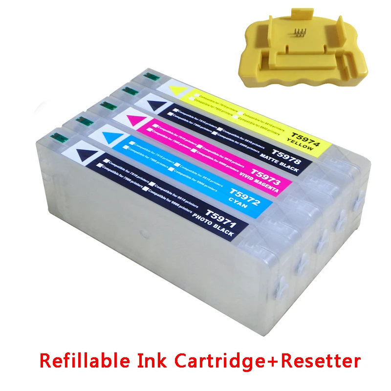 Refillable ink cartridge for Epson 9700 7700 7710 9710 large format printer with chips and resetters (5 color and 700ml) Refillable ink cartridge for Epson 9700 7700 7710 9710 large format printer with chips and resetters (5 color and 700ml)