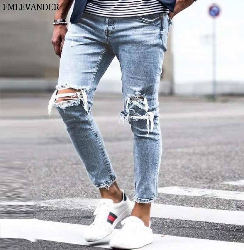Pantalones vaqueros ajustados elásticos suaves para hombre, Jeans rasgados, moda|Pantalones vaqueros| AliExpress