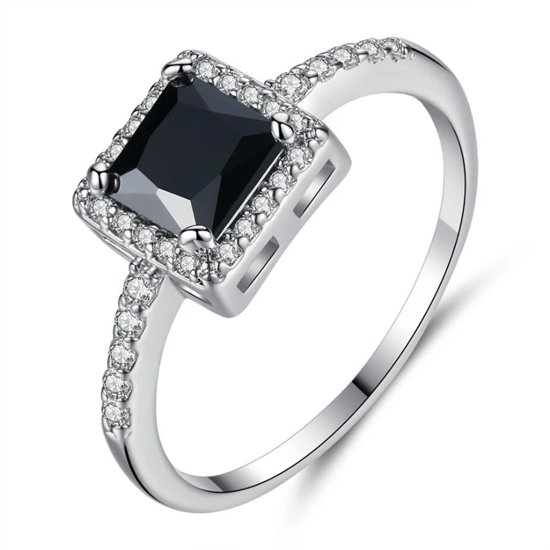

KOFSAC Charm Black Square Crystal Jewelry Silver Rings For Women Wedding Shiny Zircon Simple Round Anniversary Ring Accessories