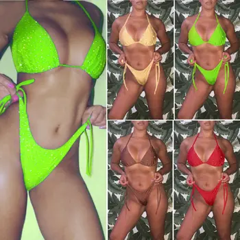 

Colorful Sexy Beachwear Women Fluorescence Halter Neck Rinestone Stitching Bikini Set Swimsuit Bra Thong Bathing Suit Swimwear