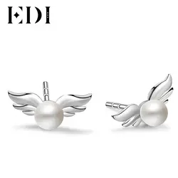 EDI Для женщин Мода 925 серебро 4 мм пресноводного жемчуга Крылья ангела Мода Серьги-гвоздики для Для женщин ювелирные изделия