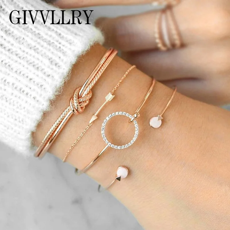 

GIVVLLRY Rhinestones Round Bracelets & Bangles Fashion Simple Elegant Gold Color Geometric Arrow Knot Cuff Bangles for Women