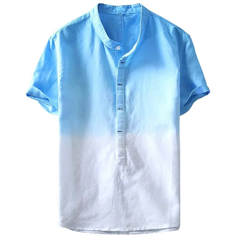Градиентная синяя летняя Мужская льняная рубашка, Мужская брендовая рубашка с коротким рукавом, мужские рубашки, мужская повседневная рубашка, Прямая поставка