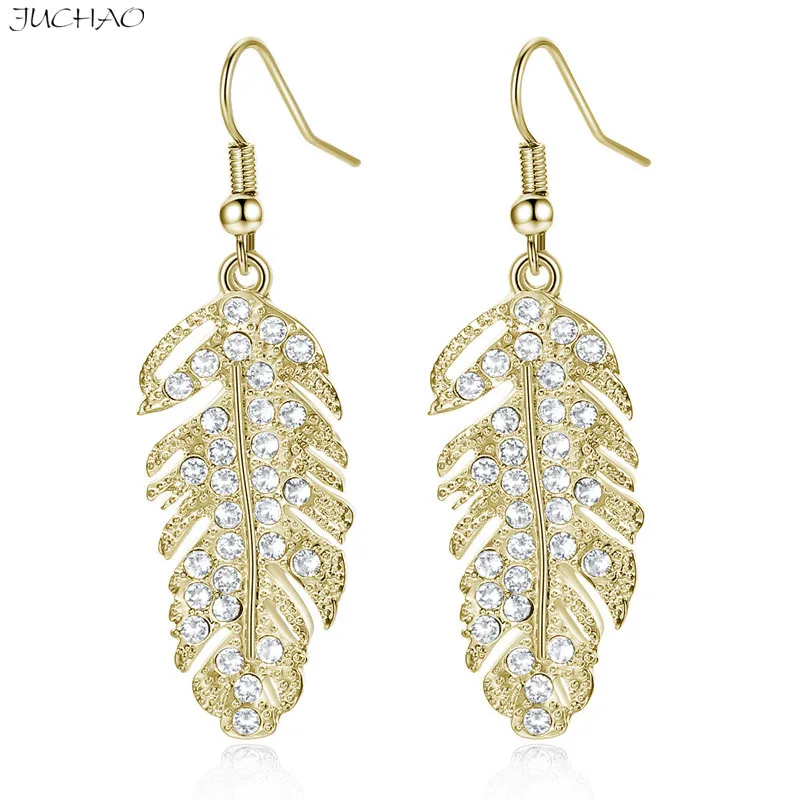 

JUCHAO Gold Leaf Earrings For Women Jewellery Long Crystal Feather Earring Earings Fashion Punk Gothic Jewelry
