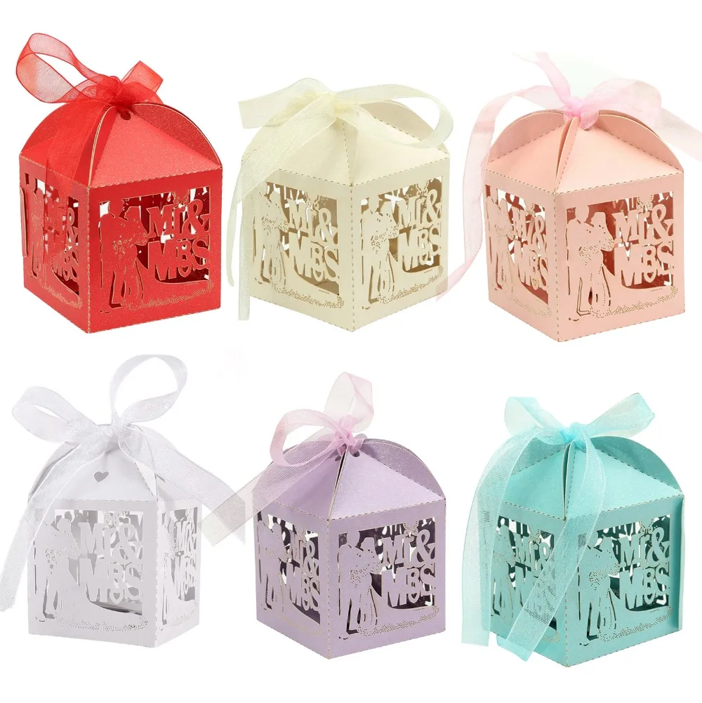 

50pcs/Lot Mr & Mrs Wedding Candy Box Sweets Gift Favor Boxes With Ribbon Party Event Decoration Supplies Pearlescent 6 Color New