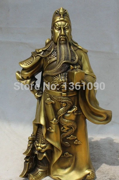 

xd 00372 12" Chinese Copper Feng Shui Folk knife Guan Gong Yu Warrior God knight Statue
