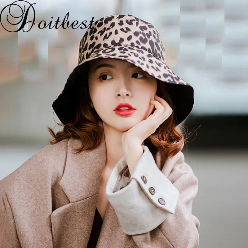 

Doitbest Summer women Bucket fishing Hats Sunscreen sun cap folding Big brim Spring Double side leopard lady's fisherman hat